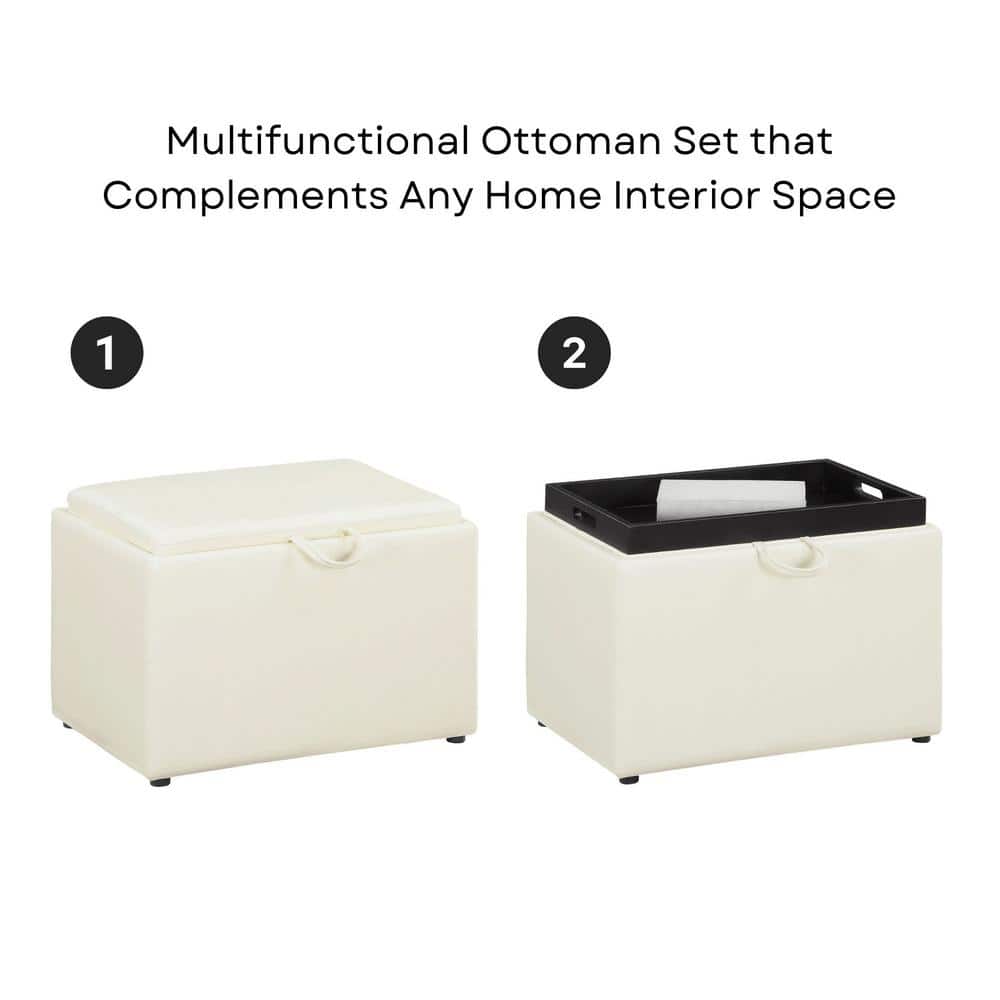 Ivory Faux Leather 23" Multifunctional Storage Ottoman with Reversible Tray