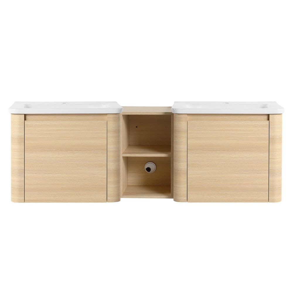 60 in. Wall-Mounted American White Oak Bath Vanity with White Ceramic Top and Storage Shelves Unassembled price history on PriceWatchPro