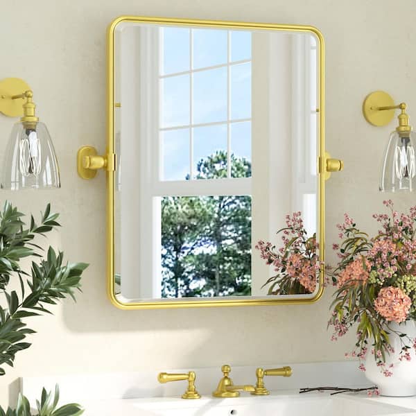 KeonJinn 16 in. W x 24 in. H Gold Mirrors Framed Tilt Mirrors for Bathroom Wall Pivot Bathroom Vanity Mirror Over Sink