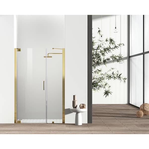 Unbranded Simply Living 48 in. W x 72 in. H Semi-Frameless Hinged Shower Door in Brushed Gold with Clear Glass