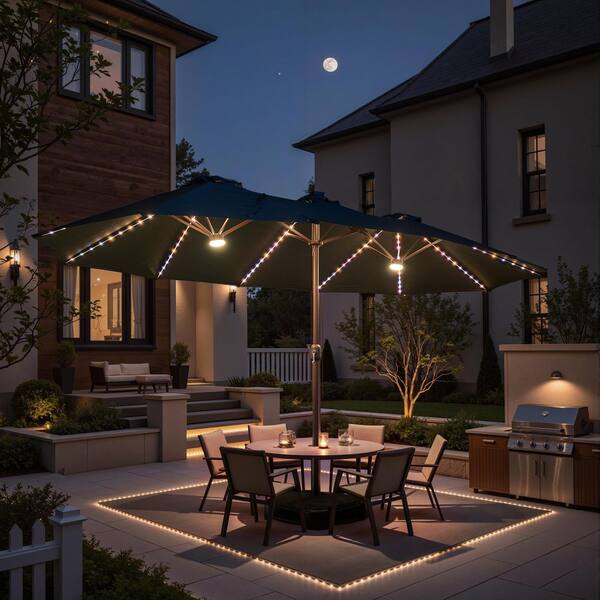 MIMOU Double Top 14.5 ft. Steel Cantilever Outdoor Patio Umbrella with Base and LED Smart Strips in Navy Blue