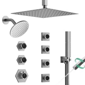 Thermostatic 8-Spray 12 and 6 in. Dual Shower Head Ceiling Mount Fixed and Handheld Shower Head in Brushed Nickel