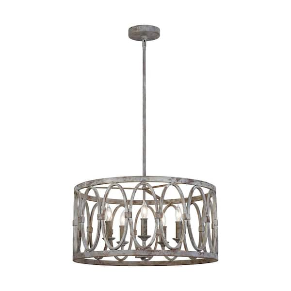 TIELLA Sutton 5-Light Weathered Gray Rustic Farmhouse Hanging Drum Candlestick Chandelier with Open Oval Cage Shade