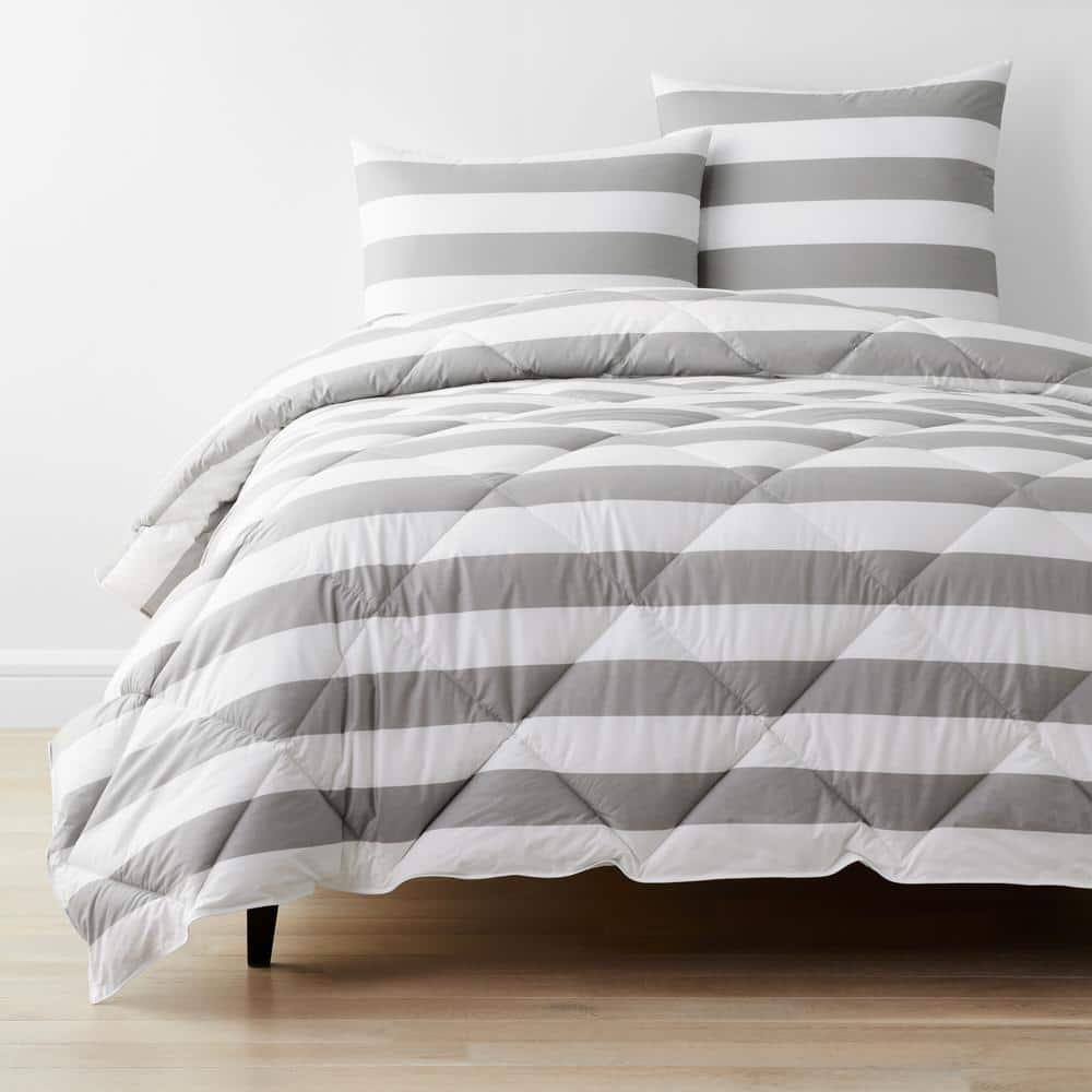 Company Essentials Awning Stripe Gray/White Queen Cotton Comforter -  The Company Store, 11165-Q-GRYWHT