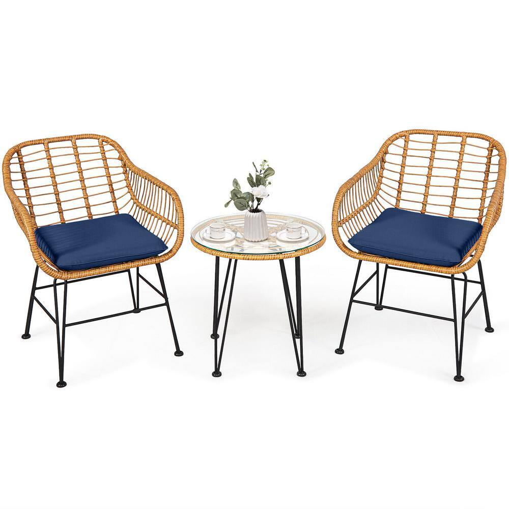 3-Piece Wicker Rattan Patio Conversation Set with Navy Cushions and Tempered Glass Table Top price history on PriceWatchPro