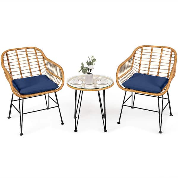 ANGELES HOME 3-Piece Wicker Rattan Patio Conversation Set with Navy Cushions and Tempered Glass Table Top