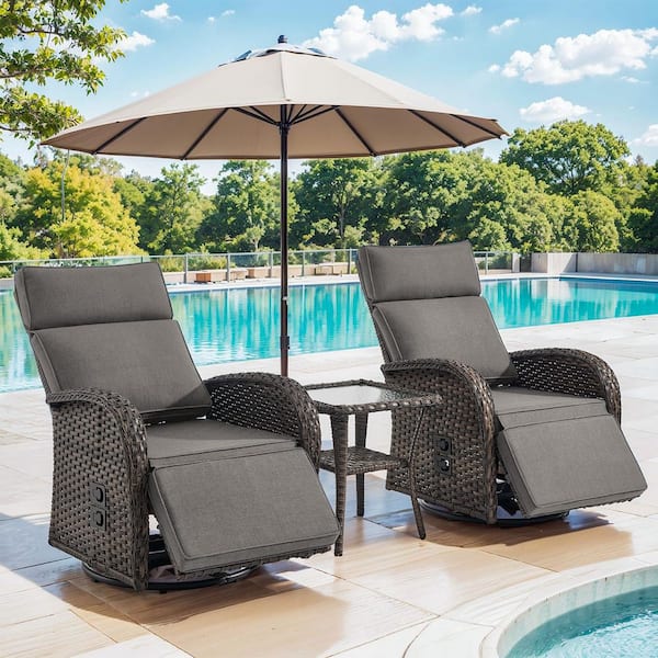 Bellefurn Rotavia Reclining 2-Piece Wicker Outdoor 360° Swivel Recliner with Gray Cushions, Adjustable Backrest, Side Table