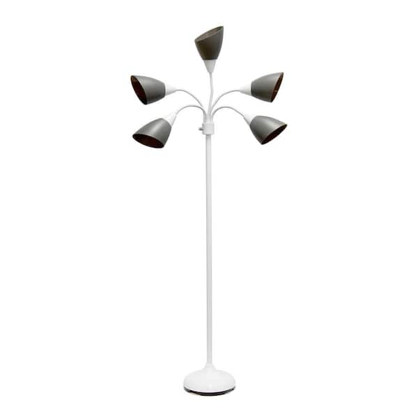 Simple Designs 67 in. White and Gray 5-Light Adjustable Gooseneck Floor Lamp with Plastic Shades