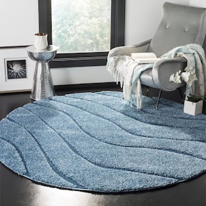 Florida Shag Light Blue/Blue 7 ft. x 7 ft. Round Solid Striped Area Rug