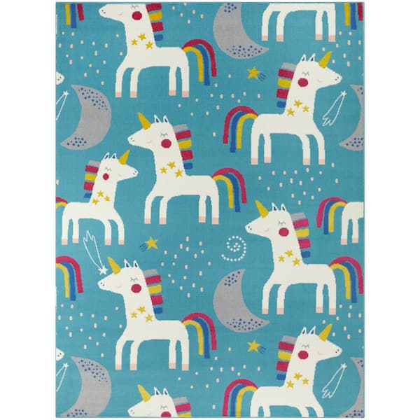 BALTA Rainbow Unicorn Teal 8 ft. x 10 ft. Area Rug