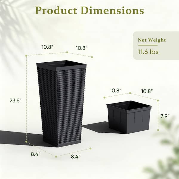 Tozey 24 in. Black Plastic Tall Square Planter (Set of 2) T-PLT24
