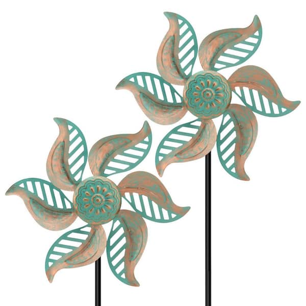 2 Pack 24 in. H Vintage Green Metal Wind Spinner Outdoor Waterproof Garden Pinwheel Decorative Stake for Yard Lawn