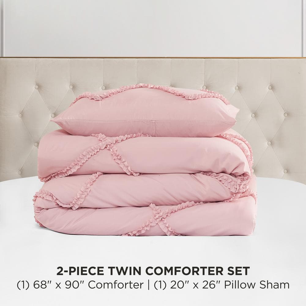 Blush Pink Microfiber Reversible Comforter Set with Ruffle Accents