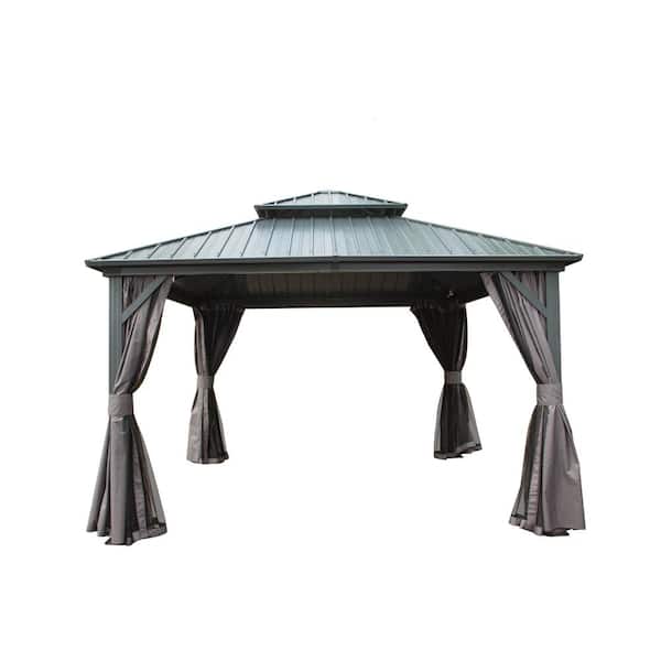 OLUMAT 12 ft. x 12 ft. Hardtop Gazebo Metal Gazebo with Galvanized Steel Double Roof Canopy, Curtain and Netting