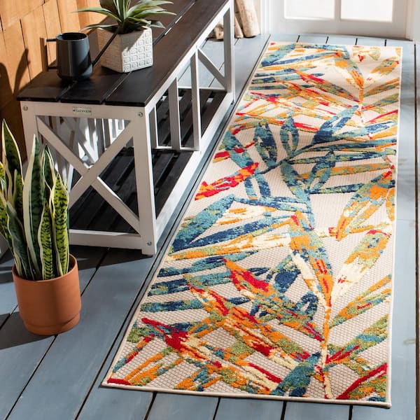 Cabana Ivory/Navy 2 ft. x 11 ft. Palm Leaf Indoor/Outdoor Runner Rug