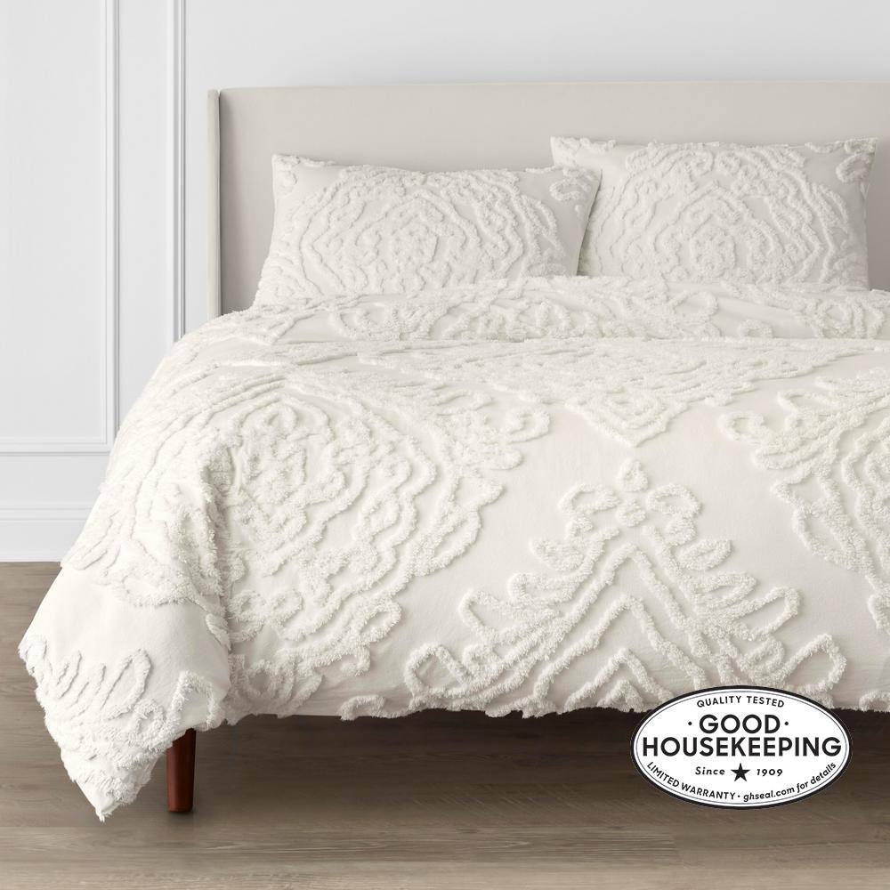 Home Decorators Collection Fairhaven 3-Piece Ivory Textured Medallion  Cotton Full/Queen Duvet Cover Set NH-200385-Y - The Home Depot