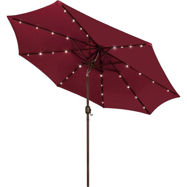 Dyiom 9 ft. Solar Umbrella, 32 LED Lighted Patio Umbrella, Table Market Umbrella in Burgundy, Beach Word Umbrella