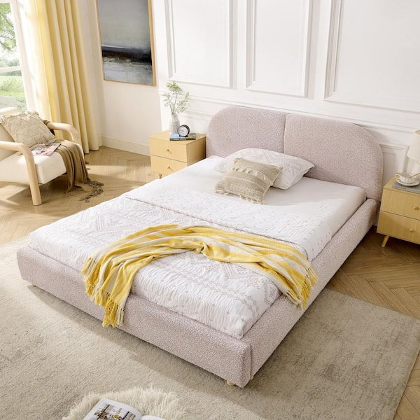 Roland Modern Minimalist Pink Wood Frame Queen Size Platform Bed with Tall Curved Headboard