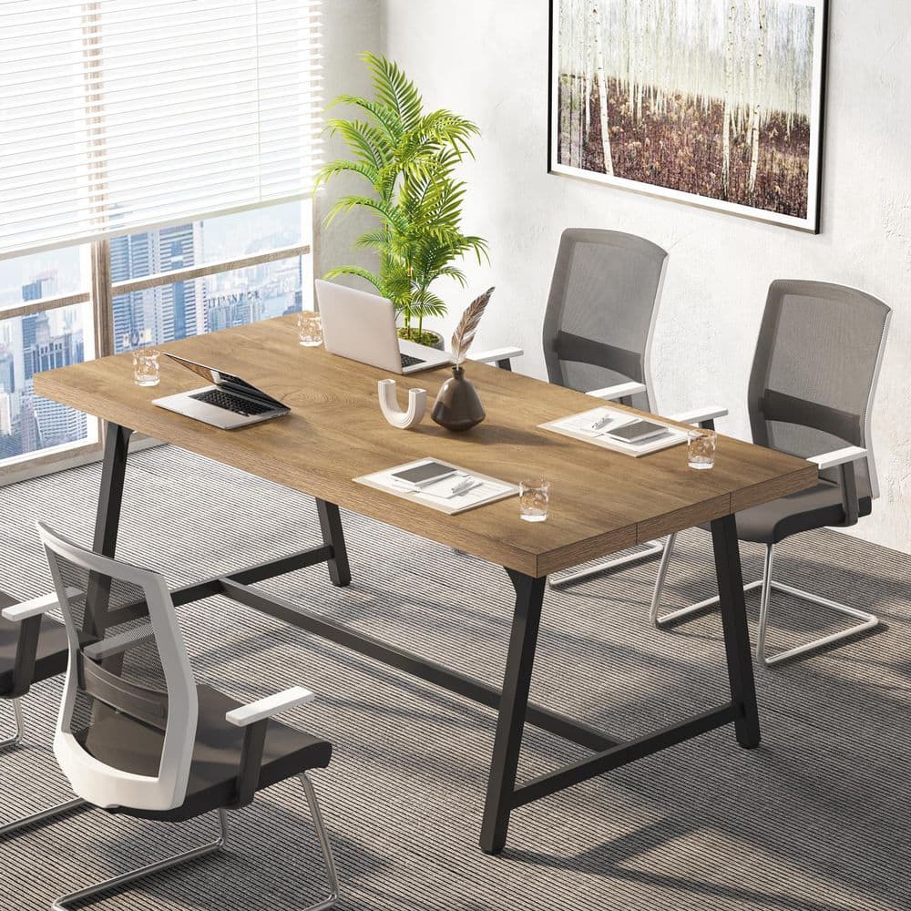 Moronia 70.9 in. Rectangle Yellow Brown and Black Wood Computer Desk with Metal Frame, Conference Table for 6 People price history on PriceWatchPro