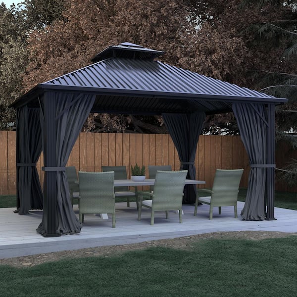VEIKOUS 12 ft. W x 12 ft. D Hardtop Gazebo Aluminum Double Roof Metal Gazebo with Curtain and Netting