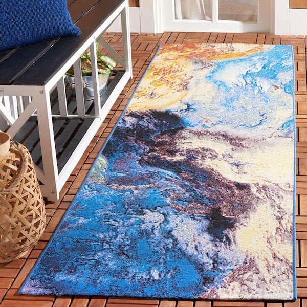 Barbados Blue/Rust Gold 3 ft. x 8 ft. Overdyed Color Blend Indoor/Outdoor Runner Rug