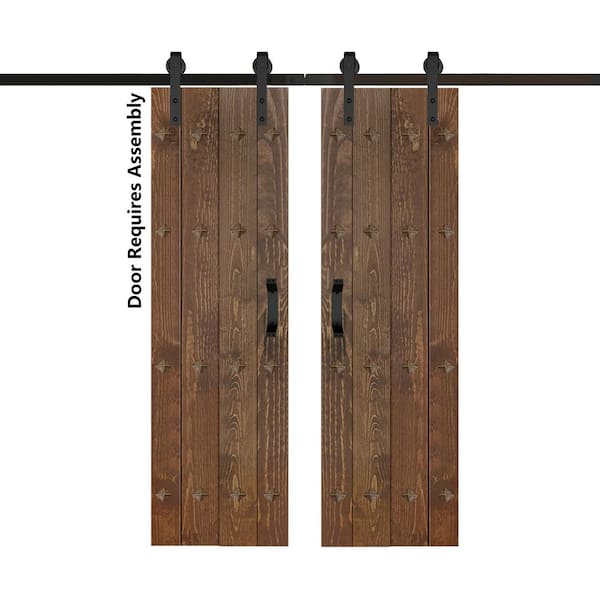 ISLIFE Mid-Century New Style 48 in. x 84 in. Dark Walnut Finished Solid Wood Double Sliding Barn Door with Hardware Kit