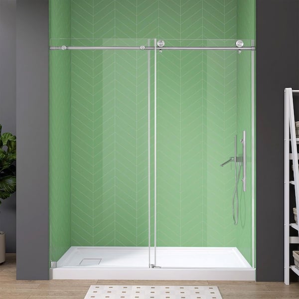 Getpro 60 in. W x 76 in. H Single Sliding Frameless Brushed Nickel Shower Door with 5/16 in. (8 mm) Clear Tempered Glass