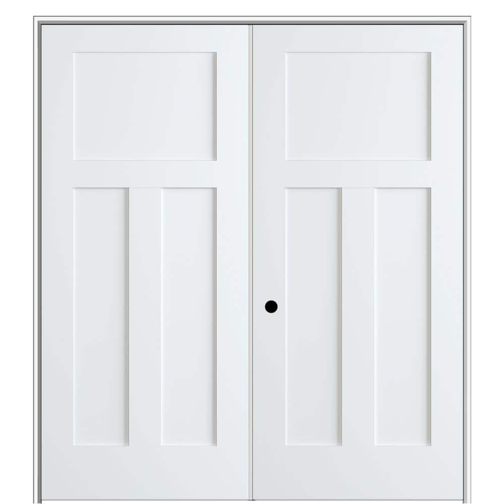Primed White MDF 3-Panel Interior French Door with Satin Nickel Hinges