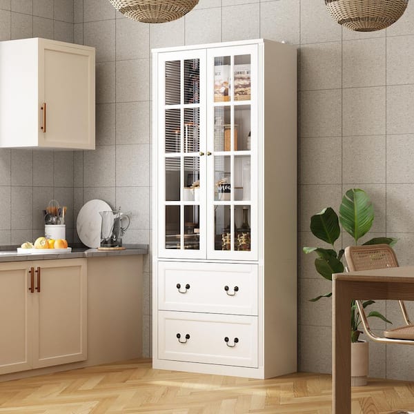 White Wooden Accent Storage Cabinet Freestanding Cupboard With Adjustable Shelves and Tempered Glass Doors, Drawers