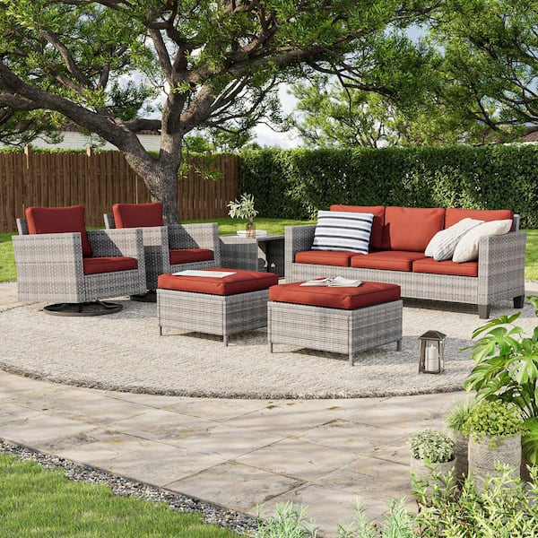6-Piece Gray Wicker Outdoor Seating Sofa Set with Swivel Rocking Chairs, Rust Red Cushion