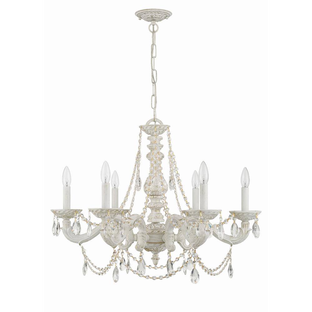 Antique White 6-Light Chandelier with Clear Italian Crystals