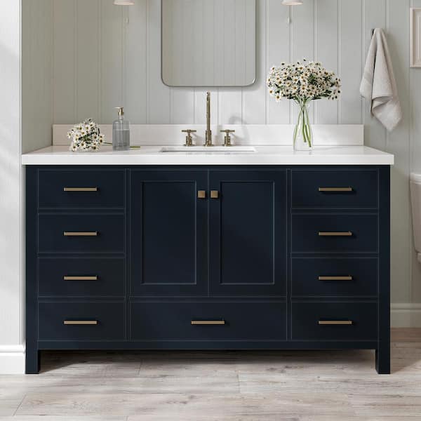ARIEL Cambridge 61 in. W x 22 in. D x 36 in. H Vanity in Midnight Blue with Pure White Quartz Top