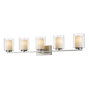 Willow 40.5 in. 5-Light Brushed Nickel Steel Nautical Vanity Light with Clear Outside, Matte Opal Inside Glass Shades