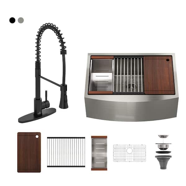 CASAINC Stainless Steel 33 in. Single Bowl Farmhouse Apron Workstation Kitchen Sink with Matte Black Pull Down Kitchen Faucet