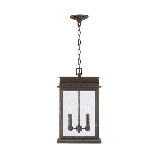 Bolton 20 in. 2-Light Oiled Bronze Outdoor Pendant Light with Antiqued Glass and No Bulbs Included
