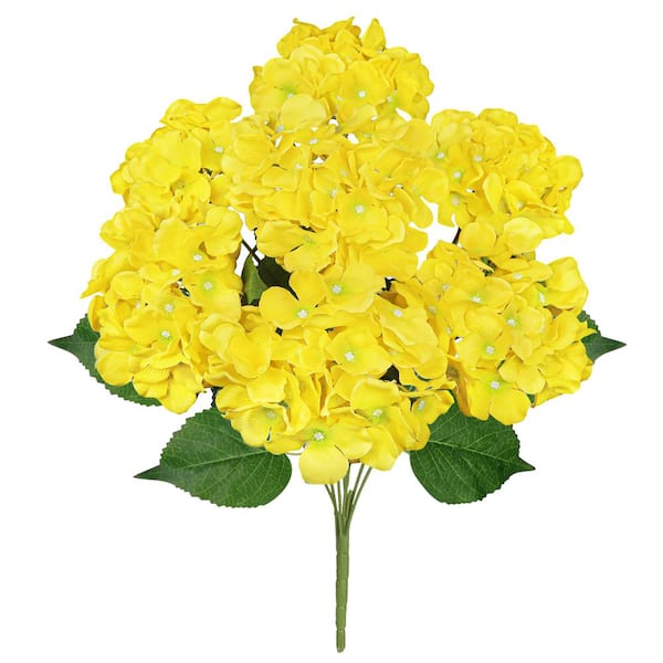LIVING LUXURY 20 in. Deluxe Yellow Artificial Hydrangea Flower Stem Bush Bouquet (Set of 2)