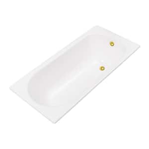 63 in. Cast Iron Rectangular Drop-in Bathtub in Glossy White with Polished Gold External Drain and Tray