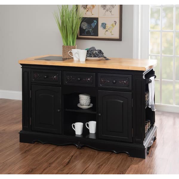 LaFayette Natural Wood Top Portable Kitchen Island in Black Finish