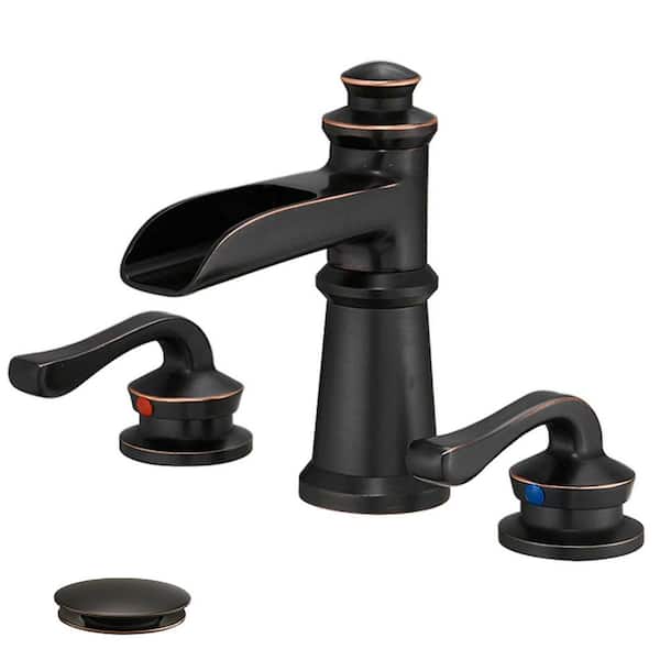 HOMEMYSTIQUE 8 in. Widespread Double-Handle Bathroom Waterfall Brass Low-Arc Sink Faucet with Pop-Up Drain in Oil Rubbed Bronze