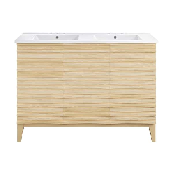 Cascade 48 in. Double Basin Bathroom Vanity in Natural Oak with White, 3-Hole Ceramic Sink Top