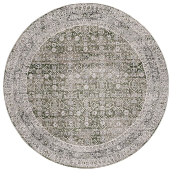 Vintage Tabriz 7 ft. x 7 ft. Green/Gray Distressed Ornate Border Round Area Rug