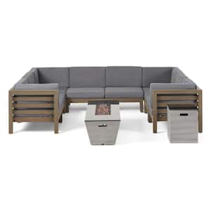 Lono Grey 10-Piece Wood Patio Fire Pit Sectional Seating Set with Dark Grey Cushions