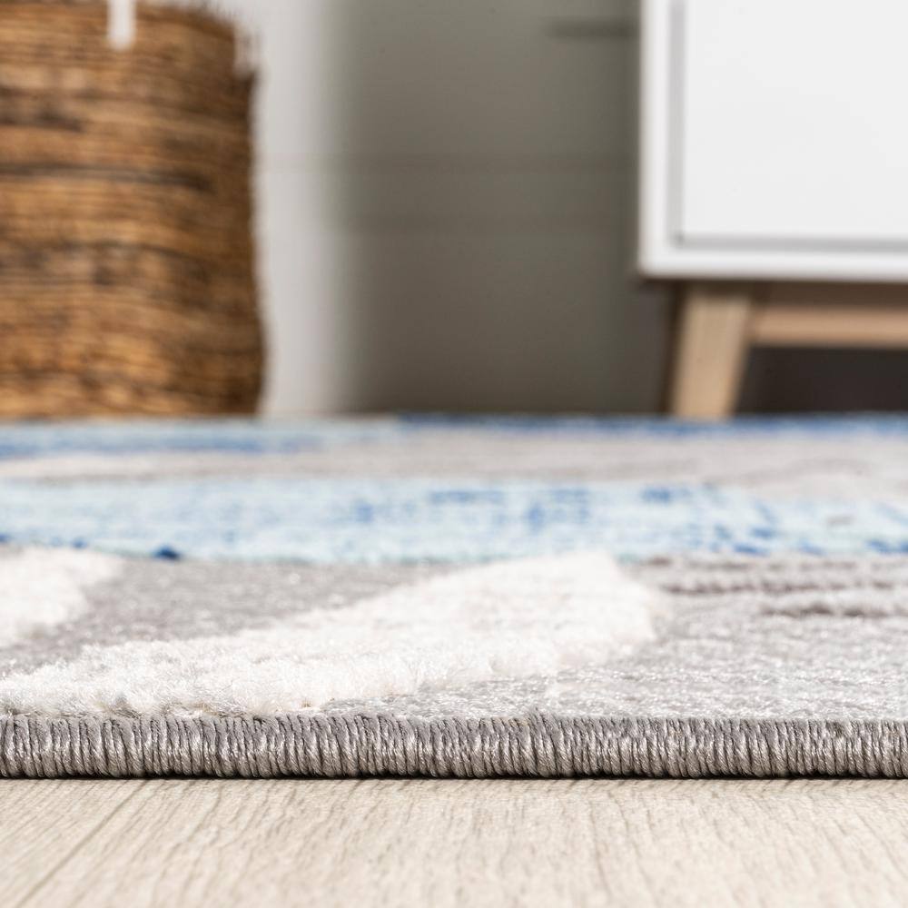 Light Gray and Navy Tropical Leaf Runner Rug, 2'-3" x 8', Synthetic