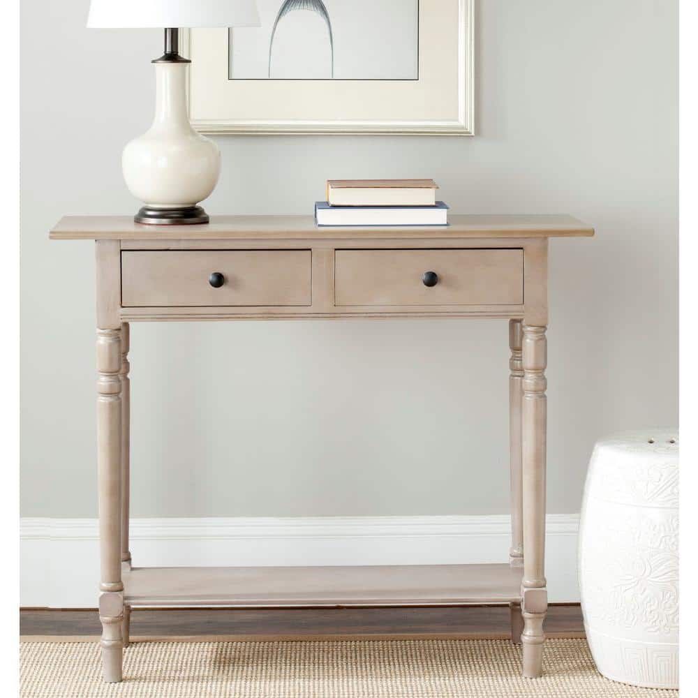Transitional Gray Pine Console Table with Dual Storage Drawers
