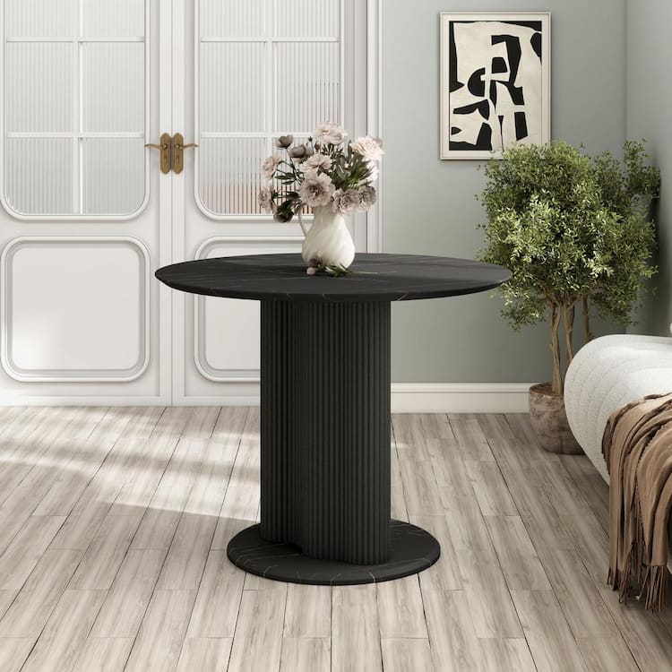 Furniture of America Lusine Modern Faux Black Marble Engineered Wood Round 39.4 in. Pedestal Dining Table Seats 4