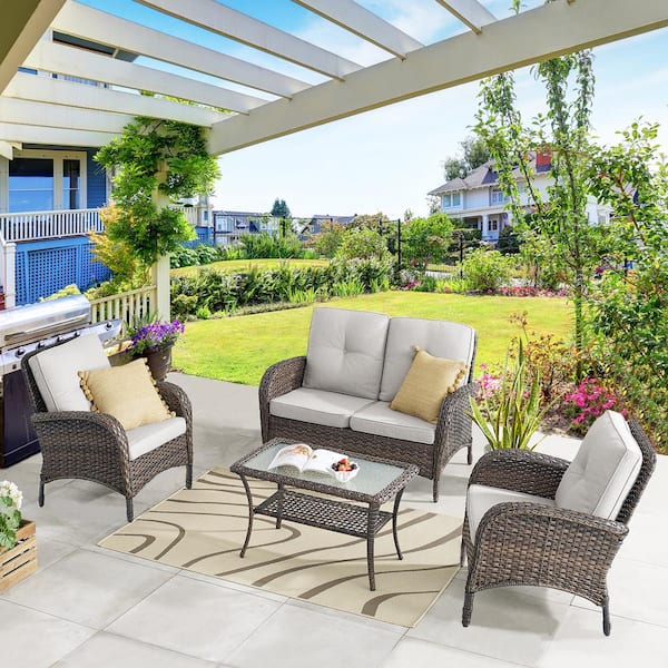 Gymojoy Carlos 4-Piece Wicker Patio Conversation Set with Beige Cushions