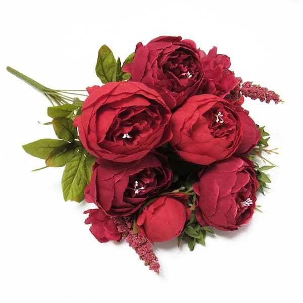 19 in. Burgundy Red Artificial Mixed Peony Hydrangea Flower Stem Bush Bouquet