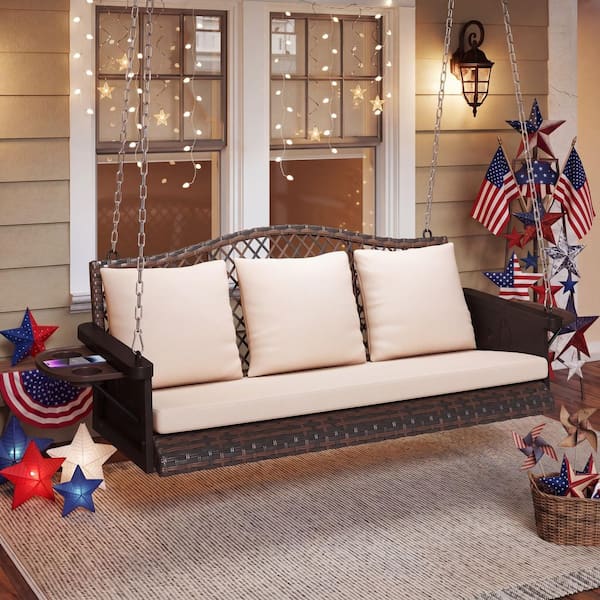 3-Person Brown Wicker Porch Swing with Khaki Cushions, Woven-Rattan Back