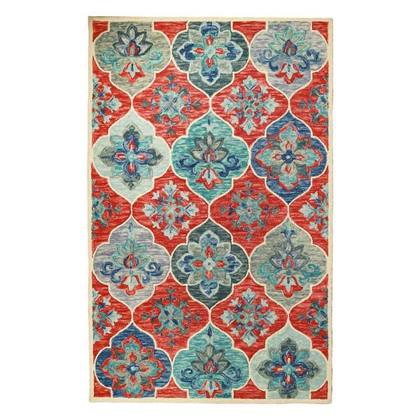 HomeRoots 5 ft. x 8 ft. Blue and Rust Wool Geometric Tufted Stain Resistant Area Rug