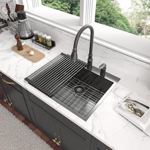 Gunmetal Black 16-Gauge Stainless Steel 25 in. Single Bowl Round Corner Drop-In Kitchen Sink with Drainer Assembly